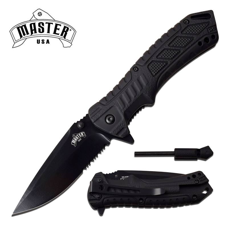 Survival Folding Knife 3.5" Serrated Blade Black Fire Starter Spring Assisted - Tophatter's Army Products & Self Defense Collectible Weapons - Tophatter Daily Deals